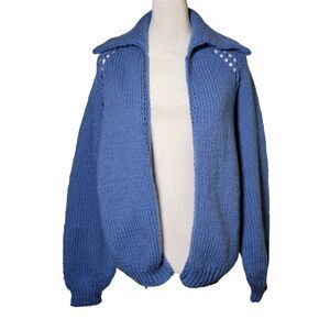 Vtg Hand Knit Cardigan Open Front Pointy Collar Slouchy M Granny Cottagecore 70s